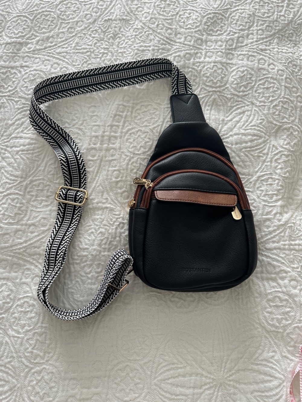 NWOT Black and Brown PU Leather Crossbody Bag with Patterned Strap Bostonian